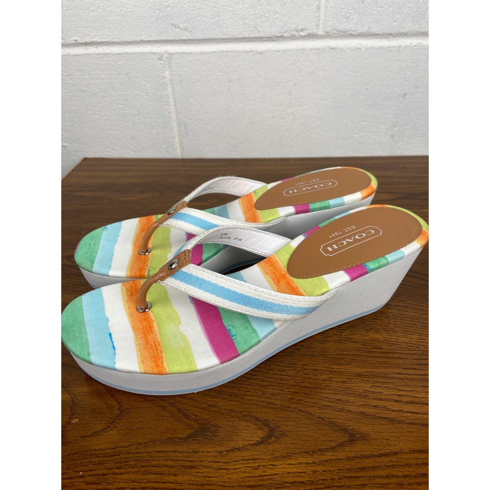 NIB Coach Felicite A8361 Platform‎ Wedge Sandals Striped Thong Watercolor 9.5M - Picture 4 of 9